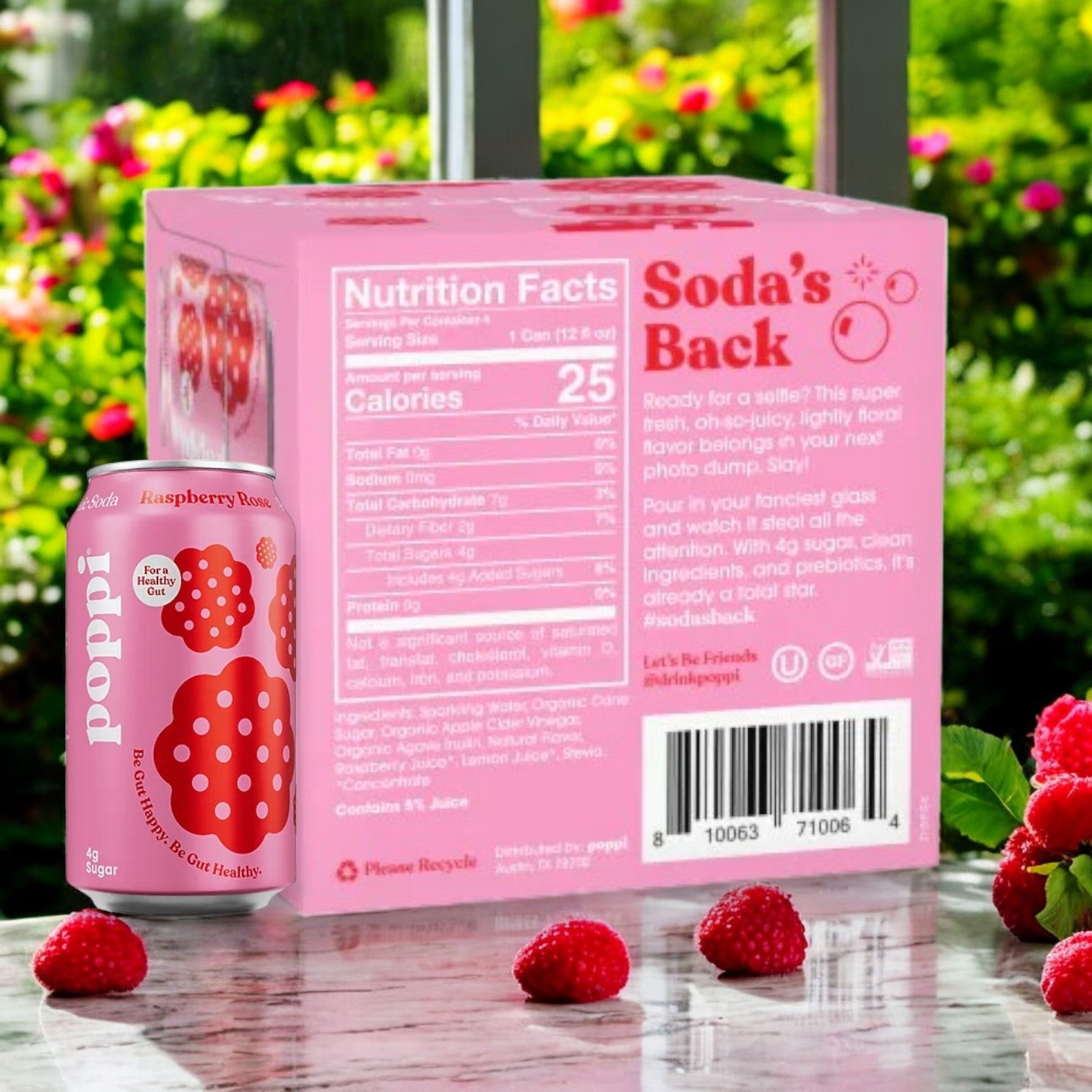 A can and box of Poppi Prebiotic Soda, Raspberry Rose, 4-Pack (12 fl oz each), sit on a table surrounded by raspberries, with box nutrition facts visible. This refreshing drink supports gut health.