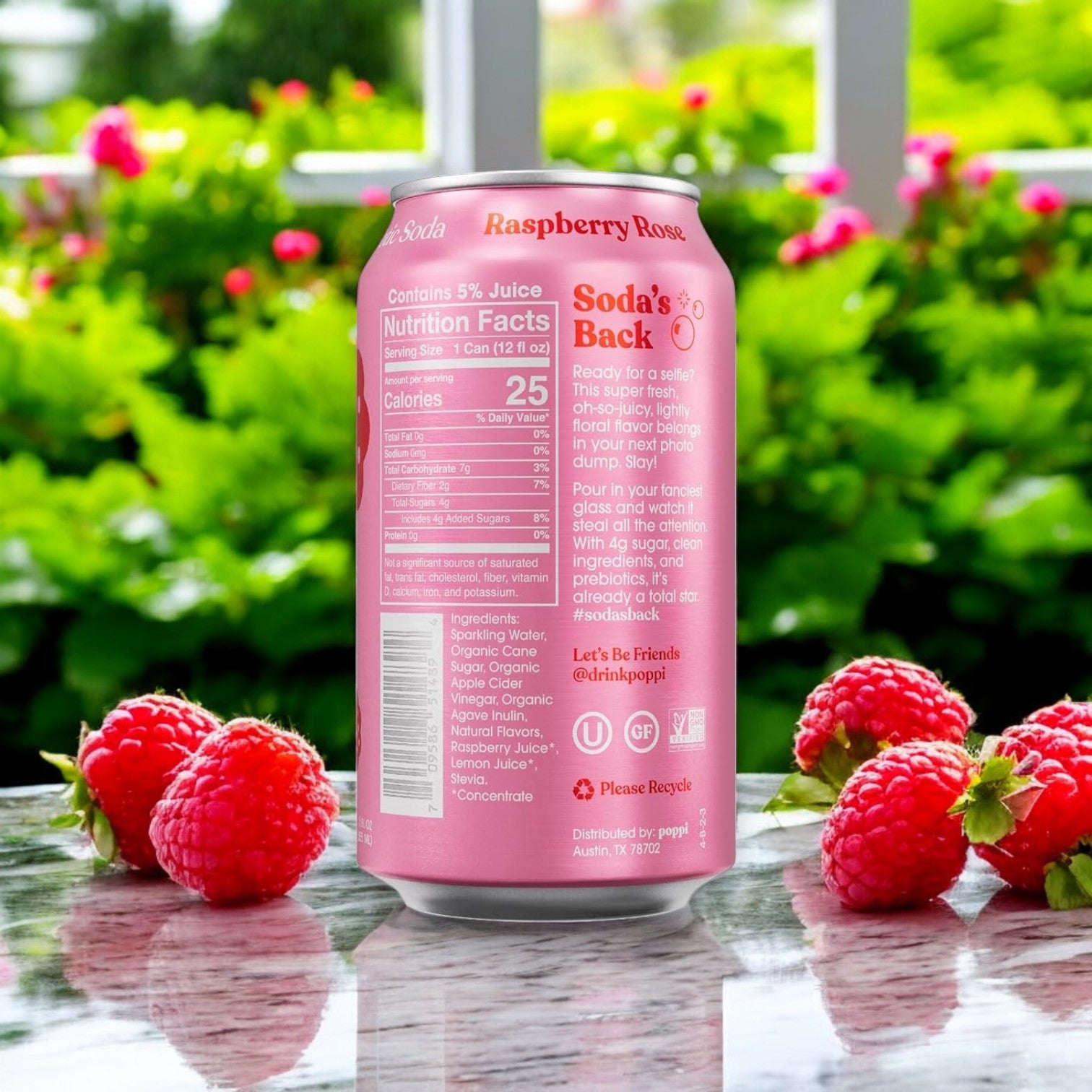 A can of Poppi Prebiotic Soda, Raspberry Rose from a 4-pack (12 fl oz each), sits on marble with fresh raspberries and promises gut health, set against a peaceful garden view.