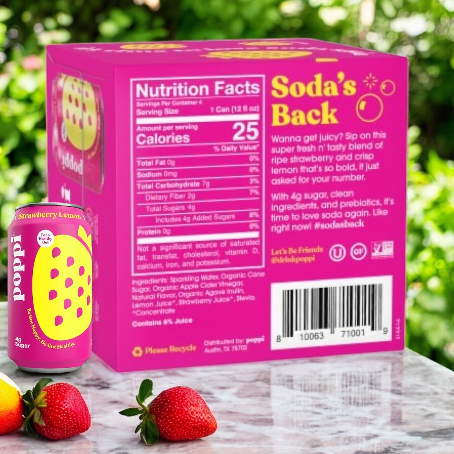 A Poppi Prebiotic Soda 4-pack of strawberry lemon flavor is on a table with strawberries. The box showcases its benefits as a low-calorie, low-sugar prebiotic soda, along with nutrition facts and ingredients.