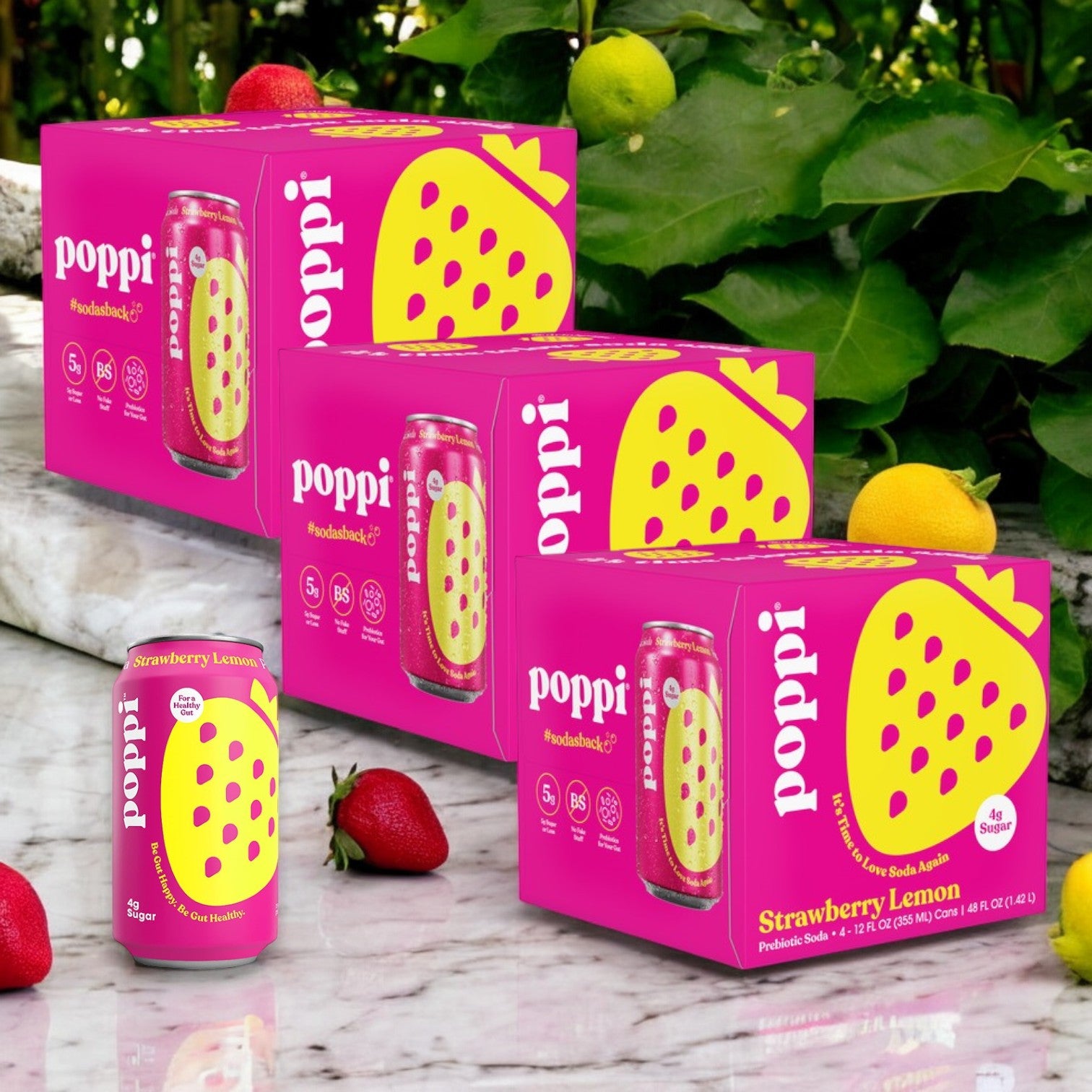 Poppi Prebiotic Soda, Strawberry Lemon 12-pack, displayed on marble with fresh strawberries, promotes gut health.