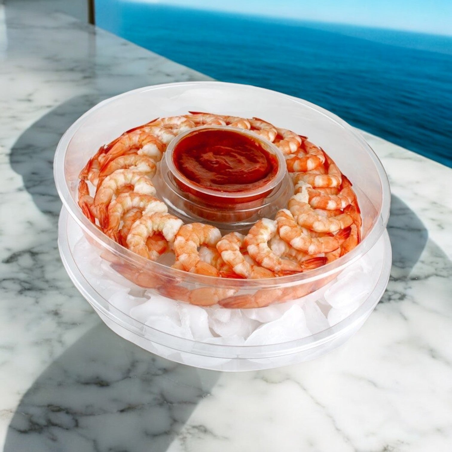 The Easy Lunches Shrimp Platter features Seamazz Fully Cooked Cocktail Shrimp Ring, 16 oz. in 3 packs, arranged around cocktail sauce and ready to serve—perfect for any occasion.