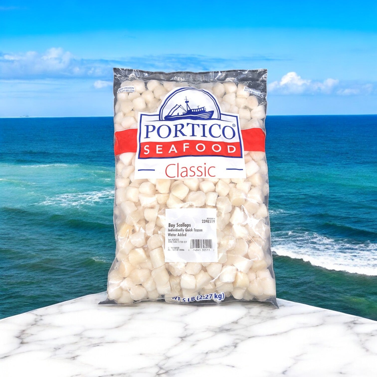 Portico Classic Seafood, 2 Scallop Iqf Water Added 80-120 Count Chinese 5lbs