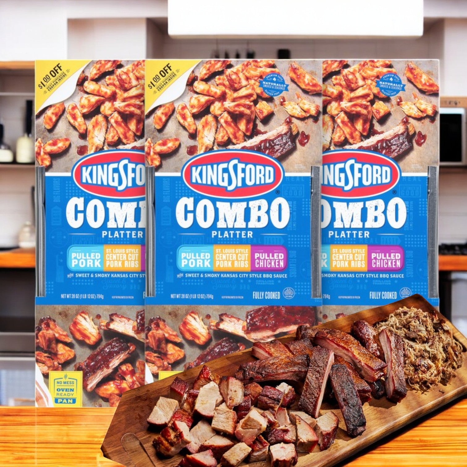 Three Kingsford Combo Platter boxes featuring 28 oz of pulled pork, St. Louis style center cut pork ribs, and pulled chicken are showcased with a tray of tender pulled pork in front.