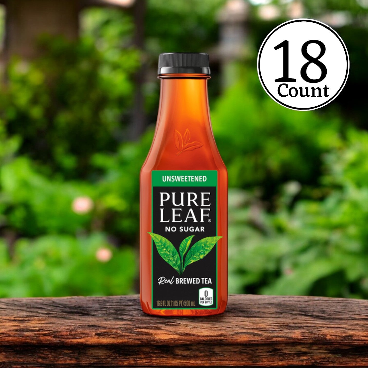 A case of Pure Leaf Brewed Tea, Real, Unsweetened, sits on a wooden surface with a green blurry background. A circular label in the top right corner reads "18 Total Count." Enjoy the pure taste of unsweetened black tea from Pure Leaf with zero calories, perfect for any time of day.