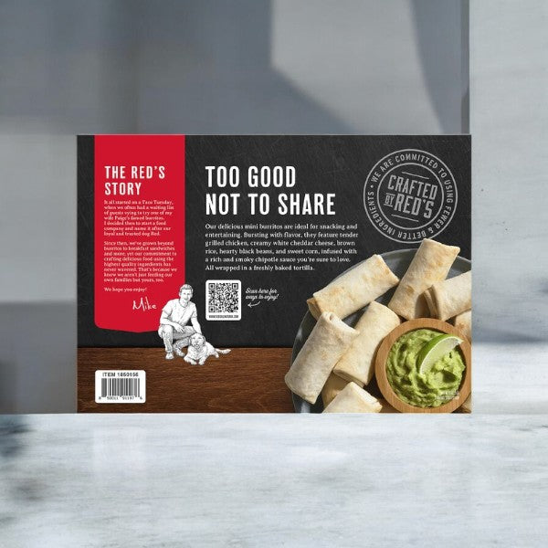 The packaging for Red's Chicken Burritos, available in a 20-count box, features the brand slogan "Too Good Not to Share" along with a red section that outlines "The Red's Story." It prominently showcases an image of chicken burritos served with guacamole, emphasizing the high-quality ingredients used for convenient meals. Additionally, a QR code and item number are included on the packaging.