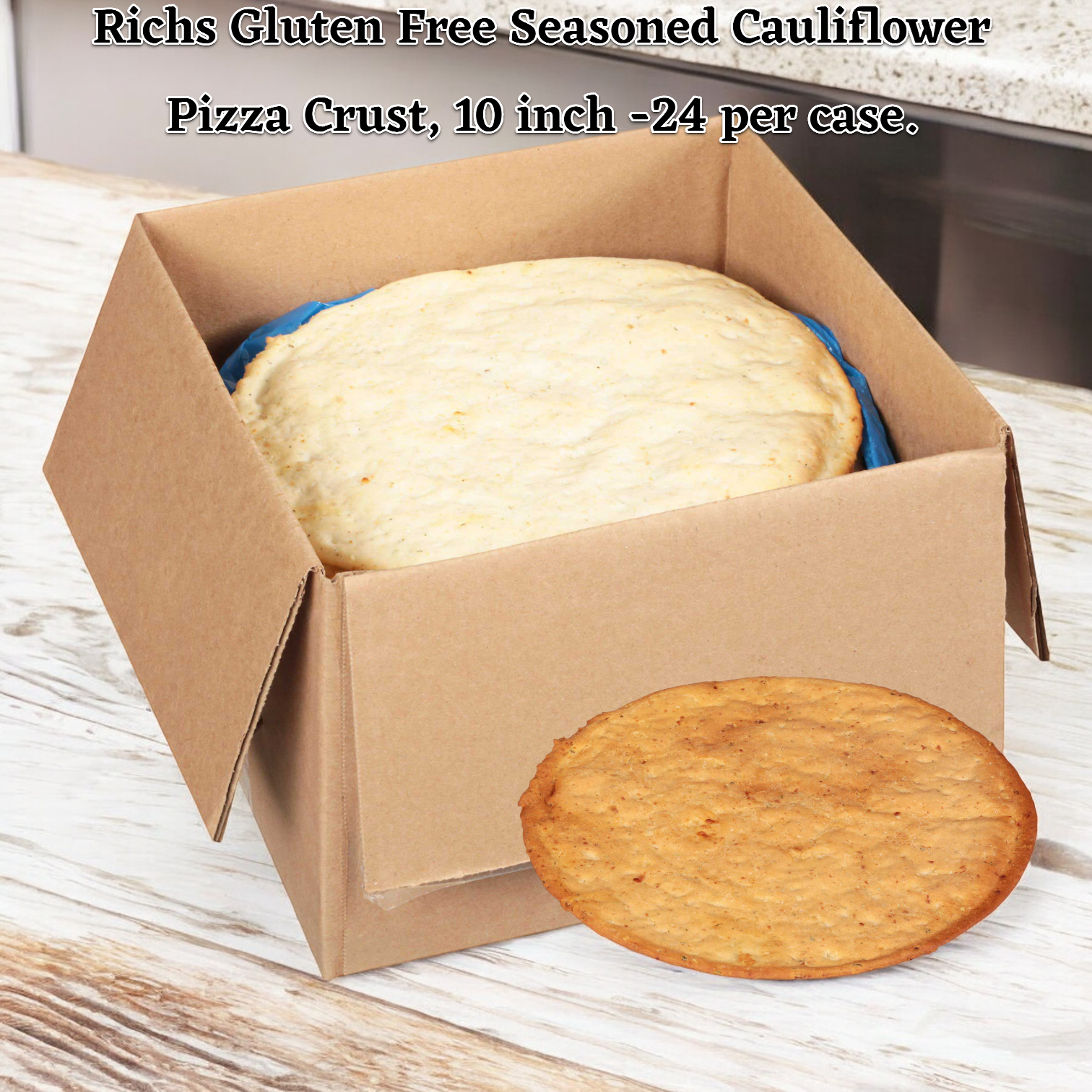 A cardboard box of Rich's Gluten Free Seasoned Cauliflower Pizza Crusts, perfect for a gluten-sensitive diet, rests on a wooden surface with one of the 10-inch cauliflower pizza crusts partially peeking out.