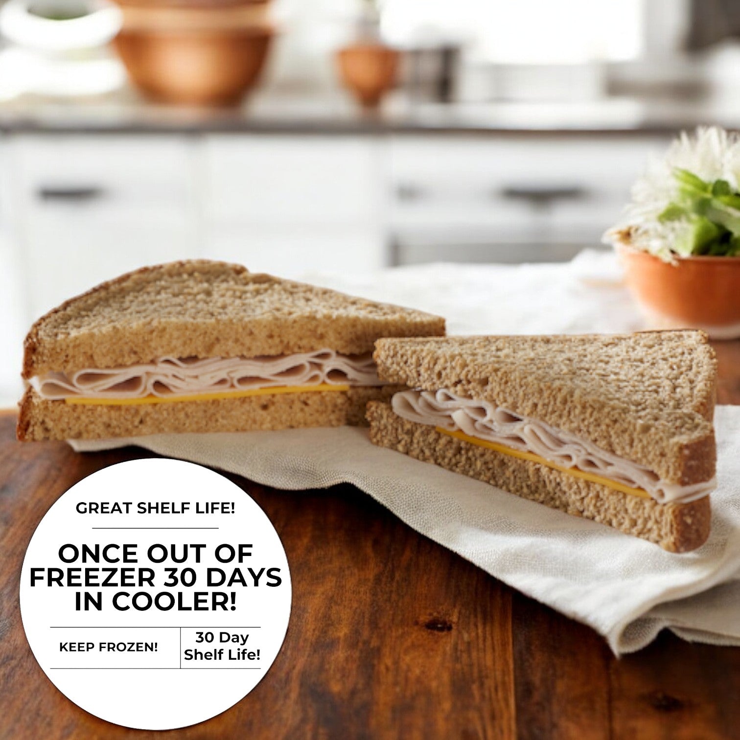 An Oven Roasted Turkey & Cheese Sandwich Wedge by E.A. Sween offers a 30-day shelf life once removed from the freezer. Ready-to-eat and ideal for lunch, it provides a delightful dining experience at your convenience.