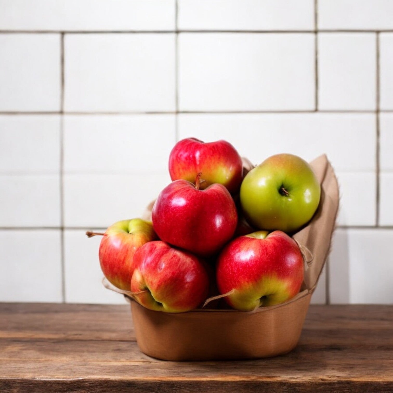 A brown paper basket filled with several premium Honeycrisp Apples from Easy Lunches, showcasing both red and one green, placed on a wooden surface against a white tiled background.