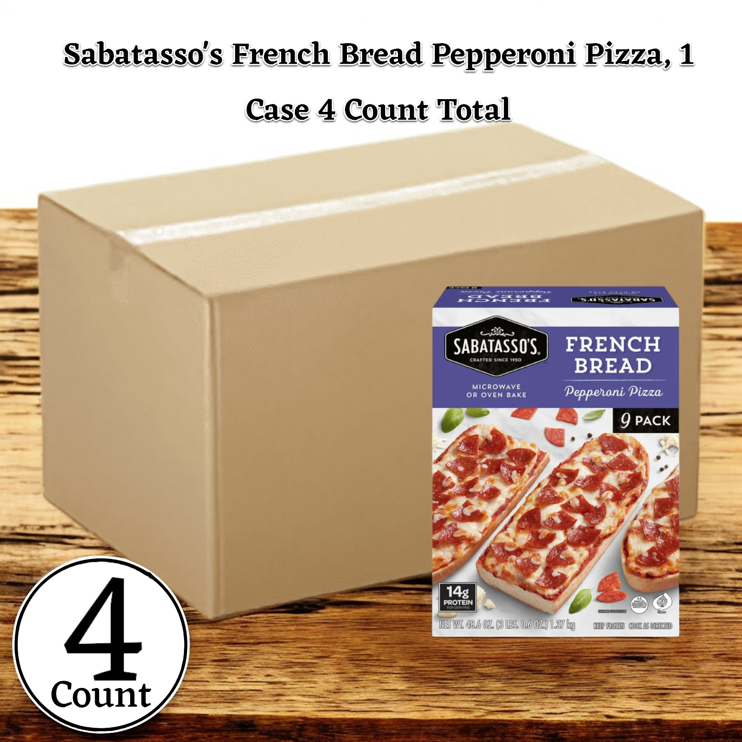 Package of Sabatasso's French Bread Pepperoni Pizza, featuring mozzarella cheese, consisting of 36 pizzas in a 4-pack case.