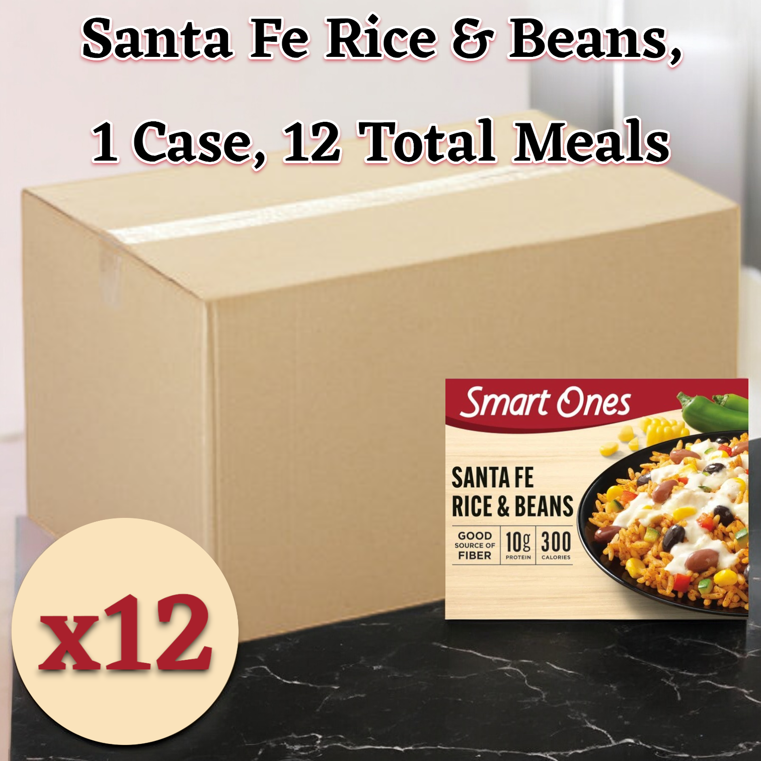 A cardboard box labeled "x12" next to an image of Smart Ones Santa Fe Rice & Beans, 9 oz. microwaveable meal packaging. Text states "Smart Ones Santa Fe Rice & Beans, 1 Case, 12 Total Meals.