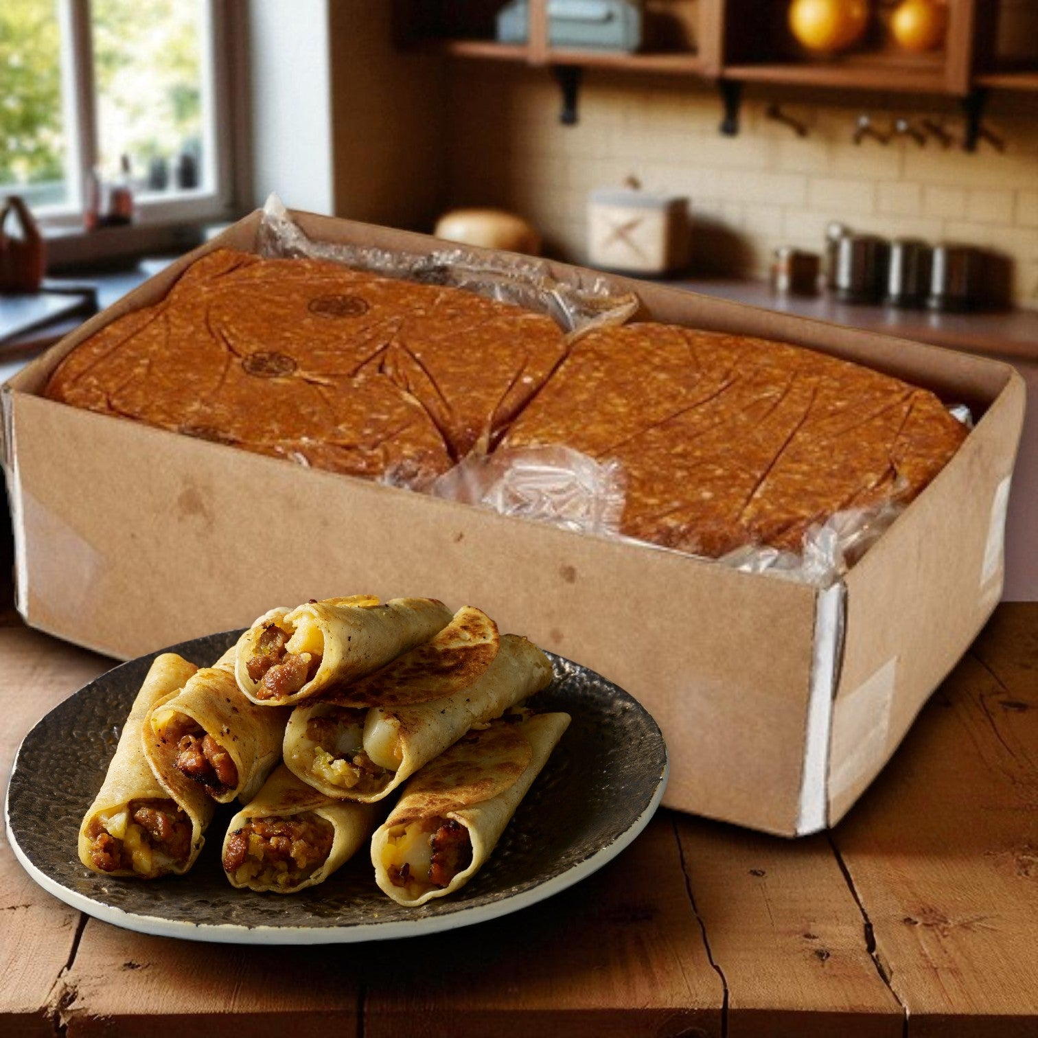 A box of Sysco Fontanini Raw Chorizo Pork Sausage – Bulk 20 lbs (4 Packs of 5 lbs) sits on a kitchen counter next to a plate of grilled tortillas filled with chorizo pork sausage and cheese.