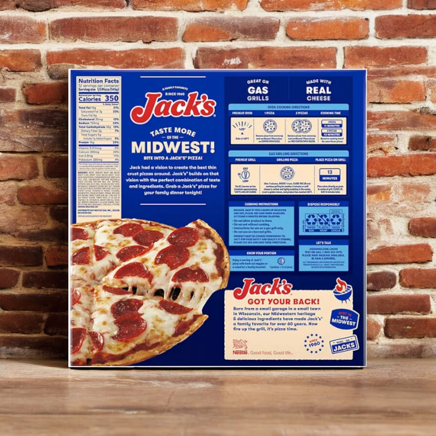 A box of Jack's Original Thin Pepperoni Frozen Pizza - 4 Pack features a pepperoni design against a brick wall background. The box includes nutrition facts, promotional text about taste and quality, and cooking instructions on the back. Enjoy this delicious thin crust pepperoni pizza that's perfect for your next meal!