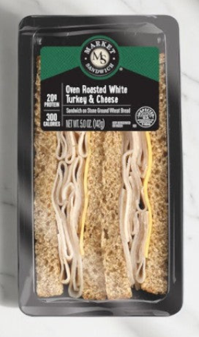 Package of Easy Lunches brand oven roasted turkey and cheese sandwich, part of the Sandwich Variety Pack containing a total of 12 sandwiches and wraps, labeled with nutritional information and a calorie count of 300.