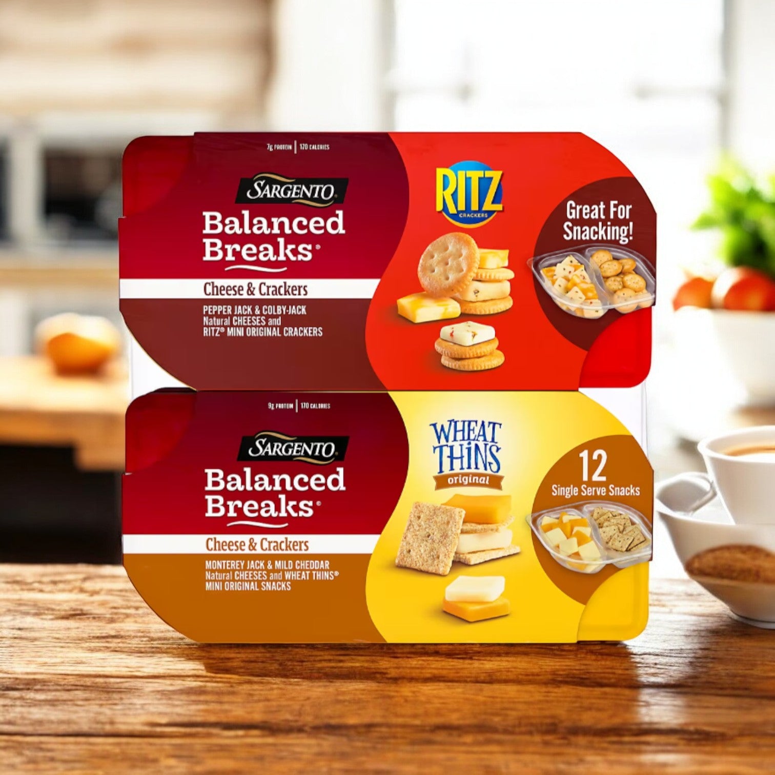 Two packs of Sargento Balanced Breaks Cheese and Crackers from Easy Lunches are displayed: one featuring Pepper Jack cheese, the other with Monterey Jack and Cheddar. The image also includes Ritz and Wheat Thins crackers, creating a delightful pairing that competes with Sabatasso's Pizza.