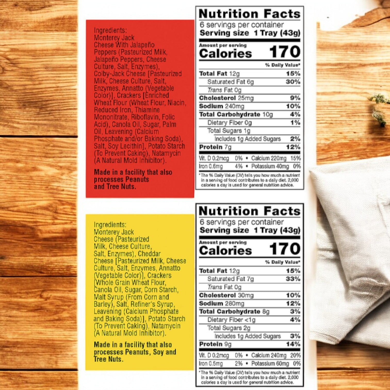 Side-by-side comparison of two sets of nutrition facts and ingredient lists for Sargento Balanced Breaks Cheese and Crackers, 12 Pack Total by Easy Lunches, displayed on a wooden surface with a piece of cloth nearby.