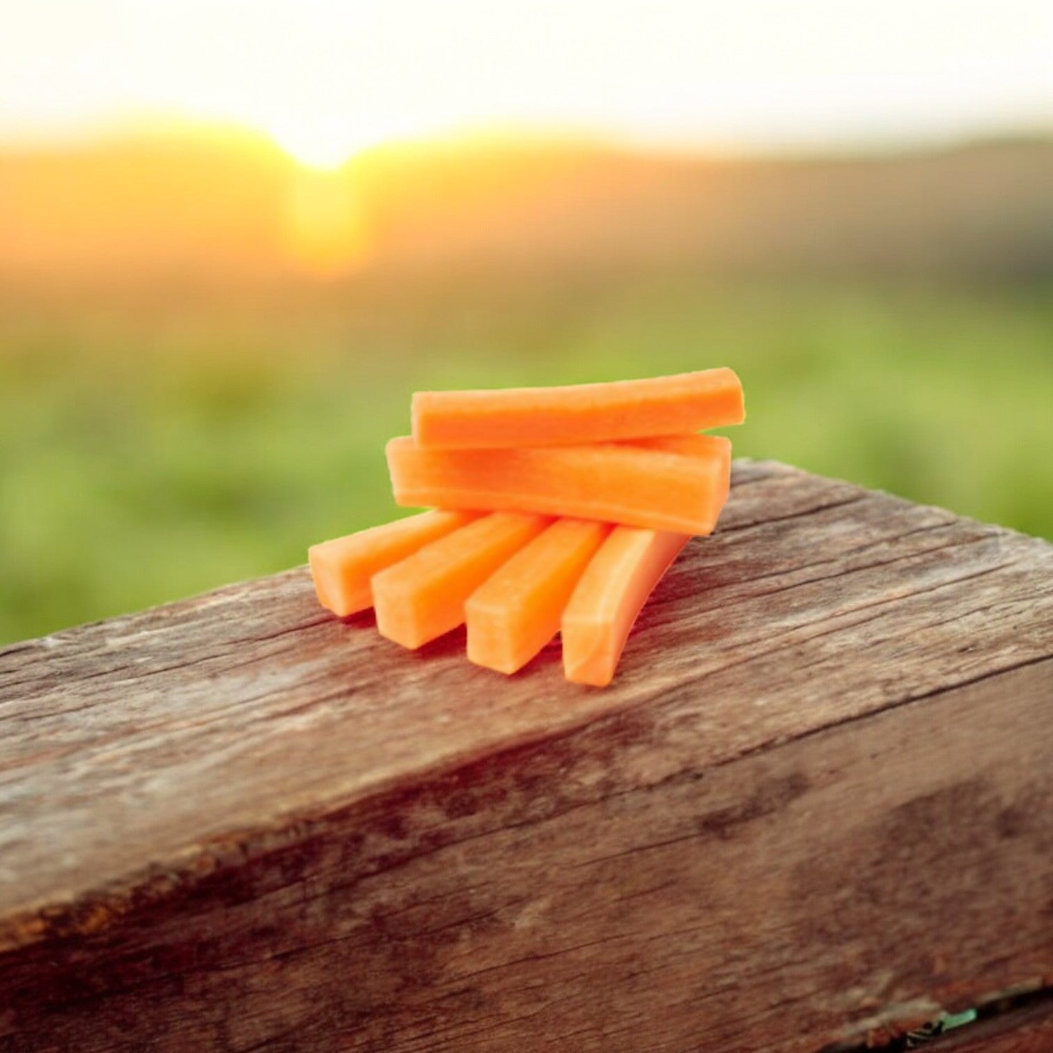 Easy Lunches' Carrot Sticks, 2.5 oz. - 50 Pack, artfully stacked on a wooden surface with a blurred sunset and green field behind them, create a picturesque scene while serving as a nutritious snack made to order with a 7-day shelf life.