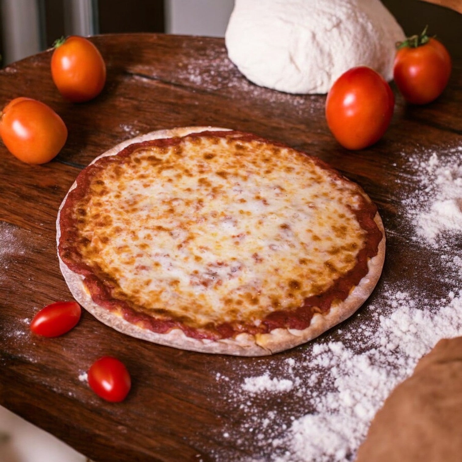 A Bartolini's Pizza from Easy Lunches Combo, featuring classic flavors, rests on a wooden surface surrounded by tomatoes, flour, and dough.