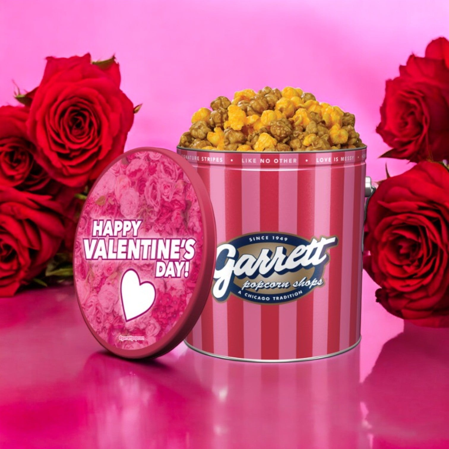 Valentine's Day Gift - Classic Signature Pink Tin of Garrett Mix with a Valentine's Themed Lid Decal