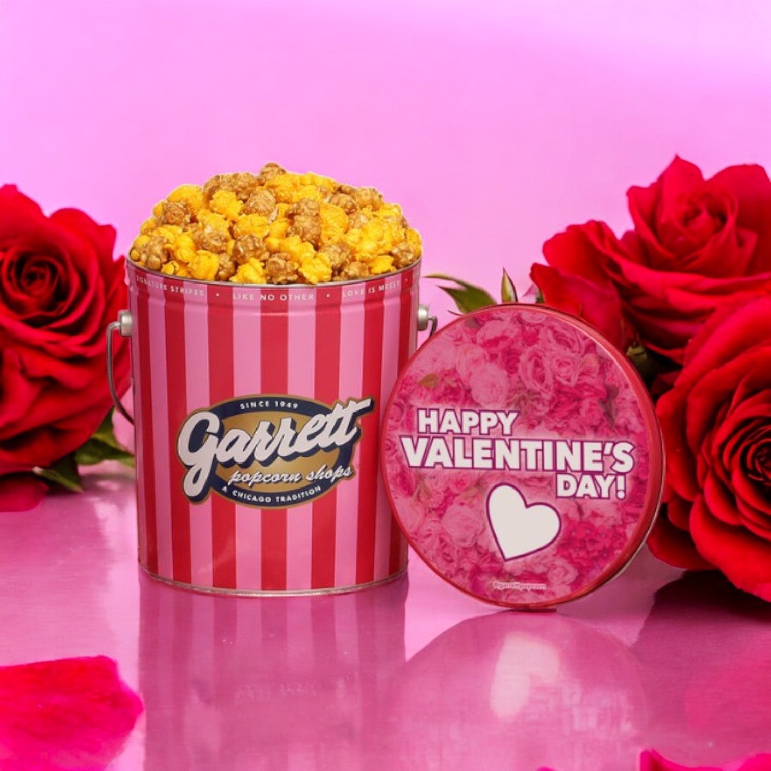 Valentine's Day Gift - Classic Signature Pink Tin of Garrett Mix with a Valentine's Themed Lid Decal