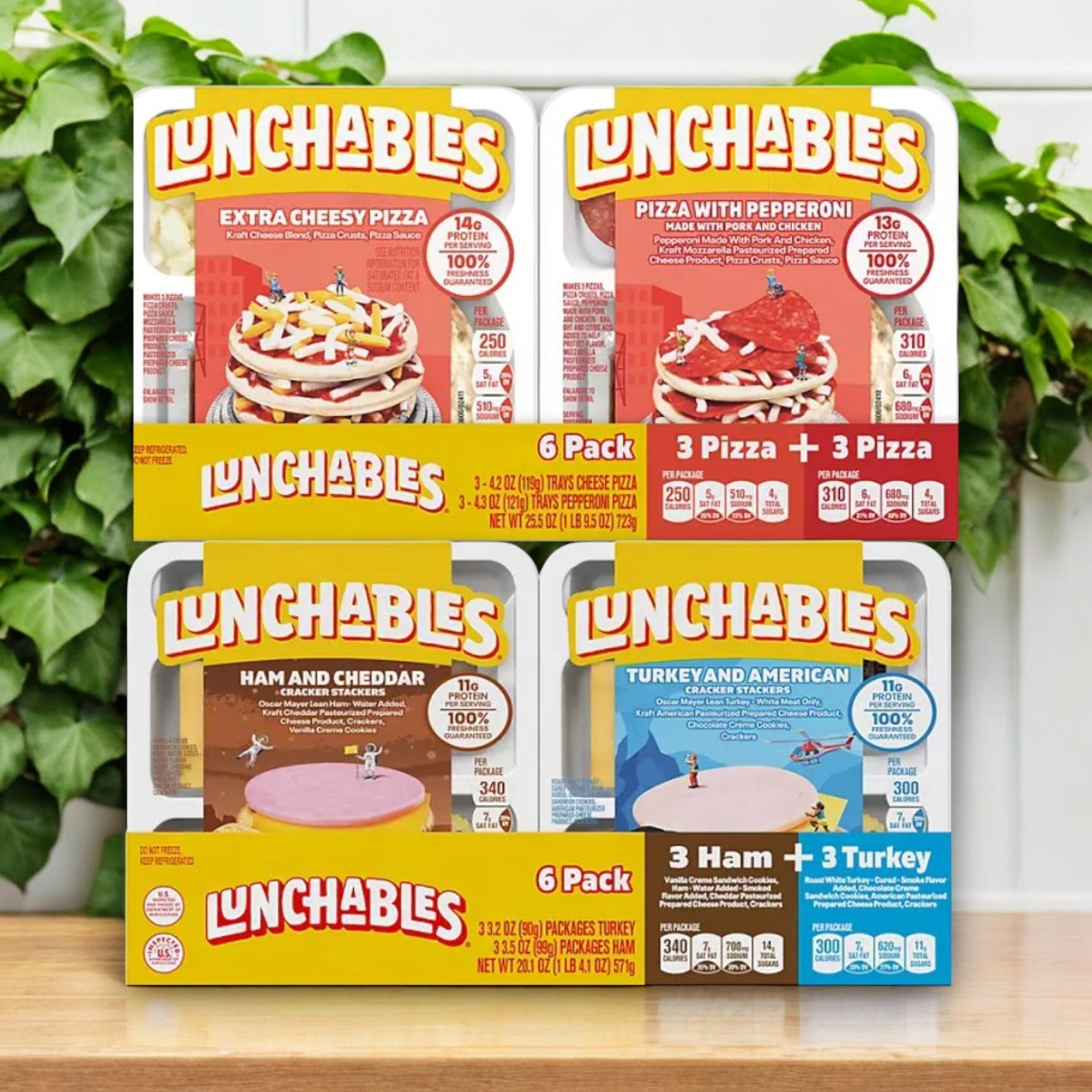 Explore the Lunchables Cracker Stackers Snack Kit and Pizza Kits Variety Pack, featuring options like Extra Cheesy Pizza and Ham and Cheddar. Each package includes nutritional info on the front, ensuring convenient snacking choices.