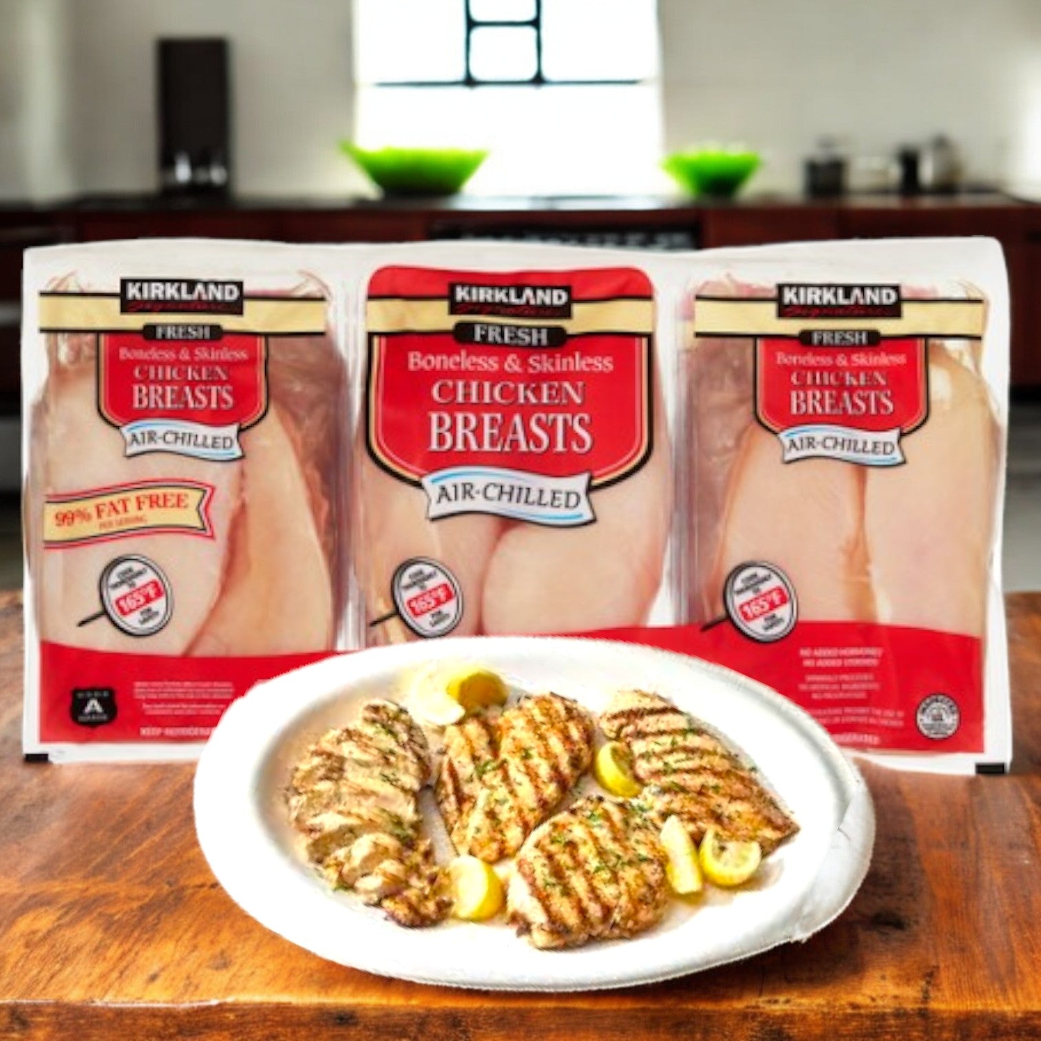 Three packs of Kirkland Signature Fresh Boneless Skinless Chicken Breasts sit attractively behind a plate of grilled chicken slices garnished with lemon on a wooden table in a cozy kitchen setting.