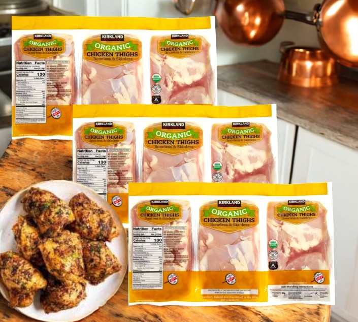 Kirkland Signature Organic Boneless Skinless Chicken Thighs-3 Count packages are displayed on a kitchen countertop, with a plate of lean protein-rich cooked chicken thighs in the foreground.