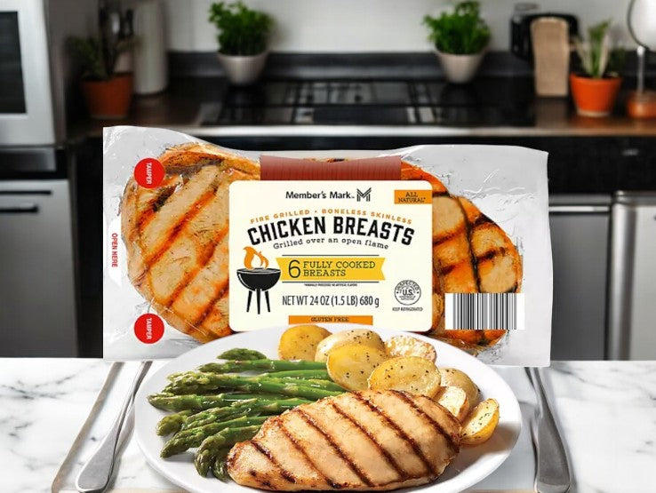 Member's Mark Fire Grilled Chicken Breasts by Easy Lunches in the kitchen. This convenient meal includes a protein-rich grilled chicken breast, roasted potatoes, and asparagus.