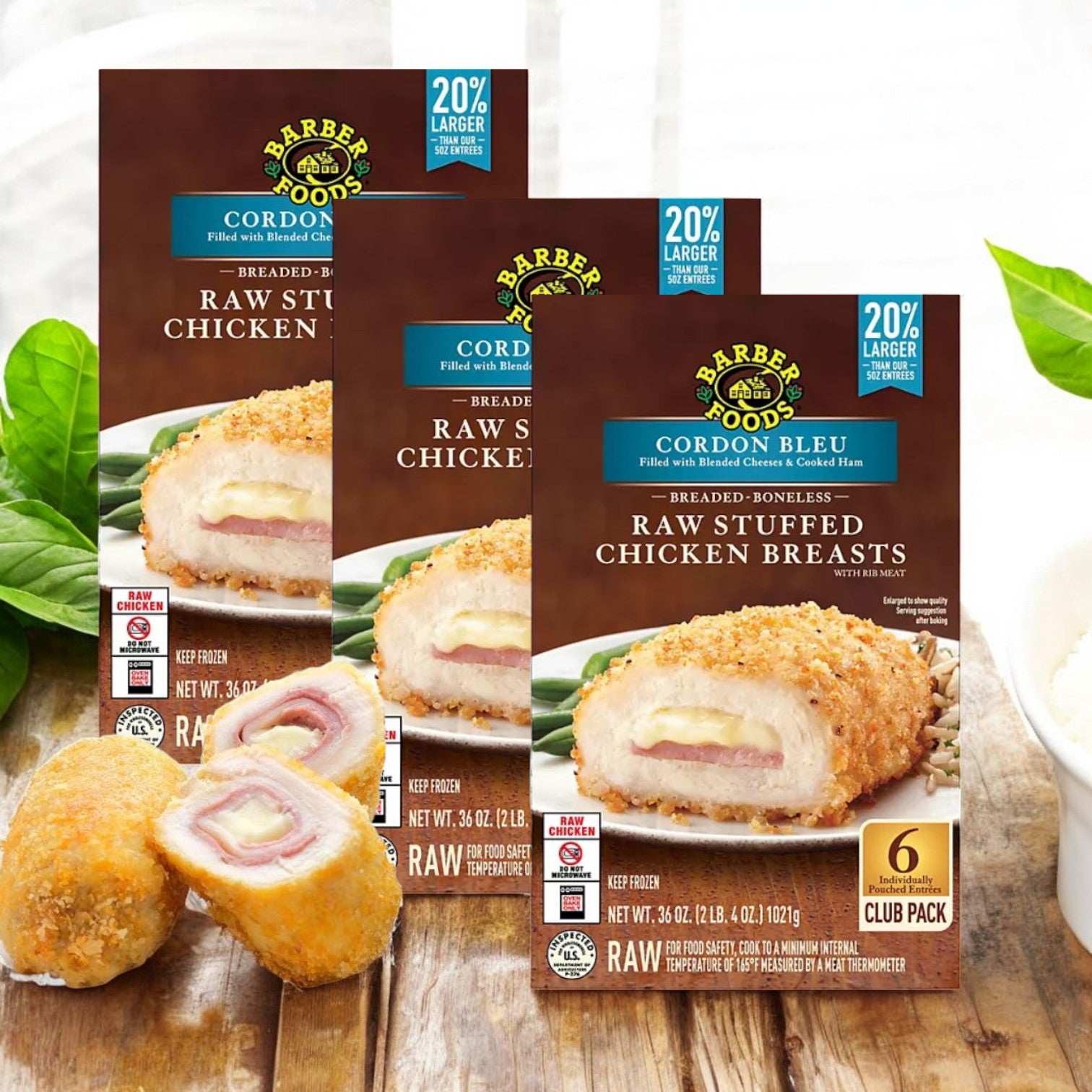 Three cases of Barber Foods Stuffed Cordon Bleu Chicken Breast, Frozen, 6 ct., offering gourmet-quality breaded chicken filled with ham and cheese. Each pack has a 20% larger resize label, making it perfect for those seeking convenient and flavorful frozen meals.