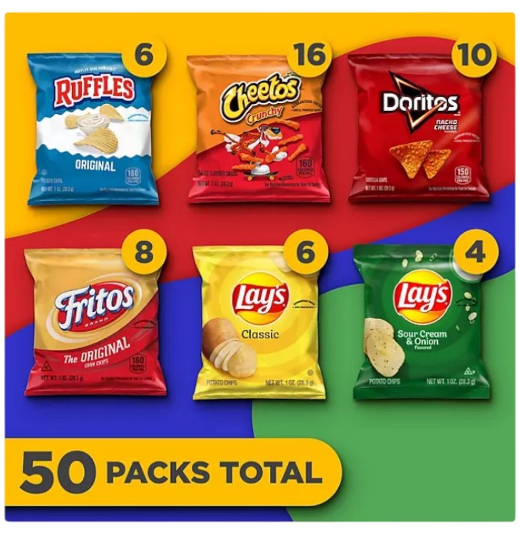 Discover the Frito Lay Classic Mix Variety Pack: 50 bags including 6 Ruffles, 16 Cheetos, 10 Doritos, 8 Fritos, and Classic plus Sour Cream & Onion Lay's. This crispy assortment is ideal for any occasion!.