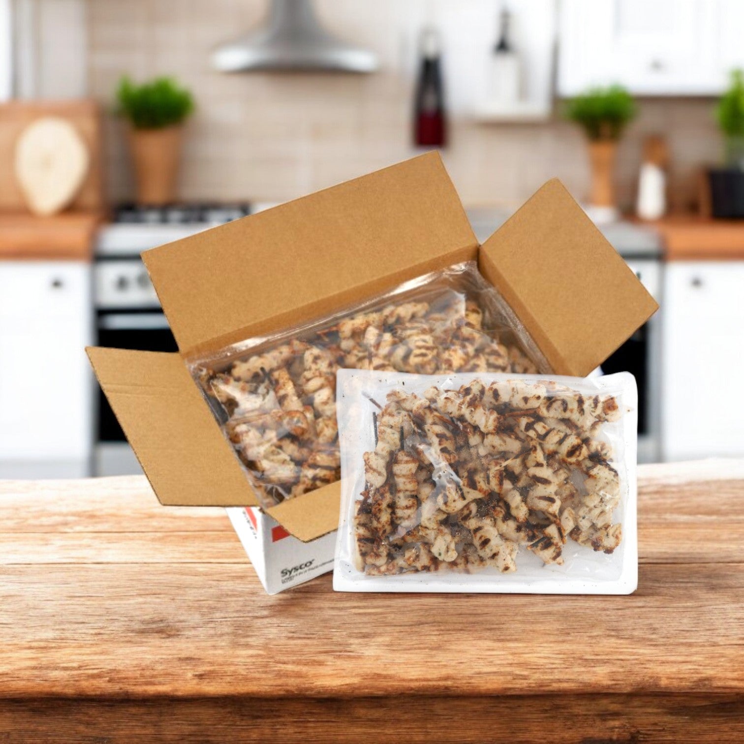 A box of Sysco Chicken Breast Skewer Grilled Halal, rich in roasted flavor, sits on a wooden kitchen counter amidst a bustling kitchen backdrop.