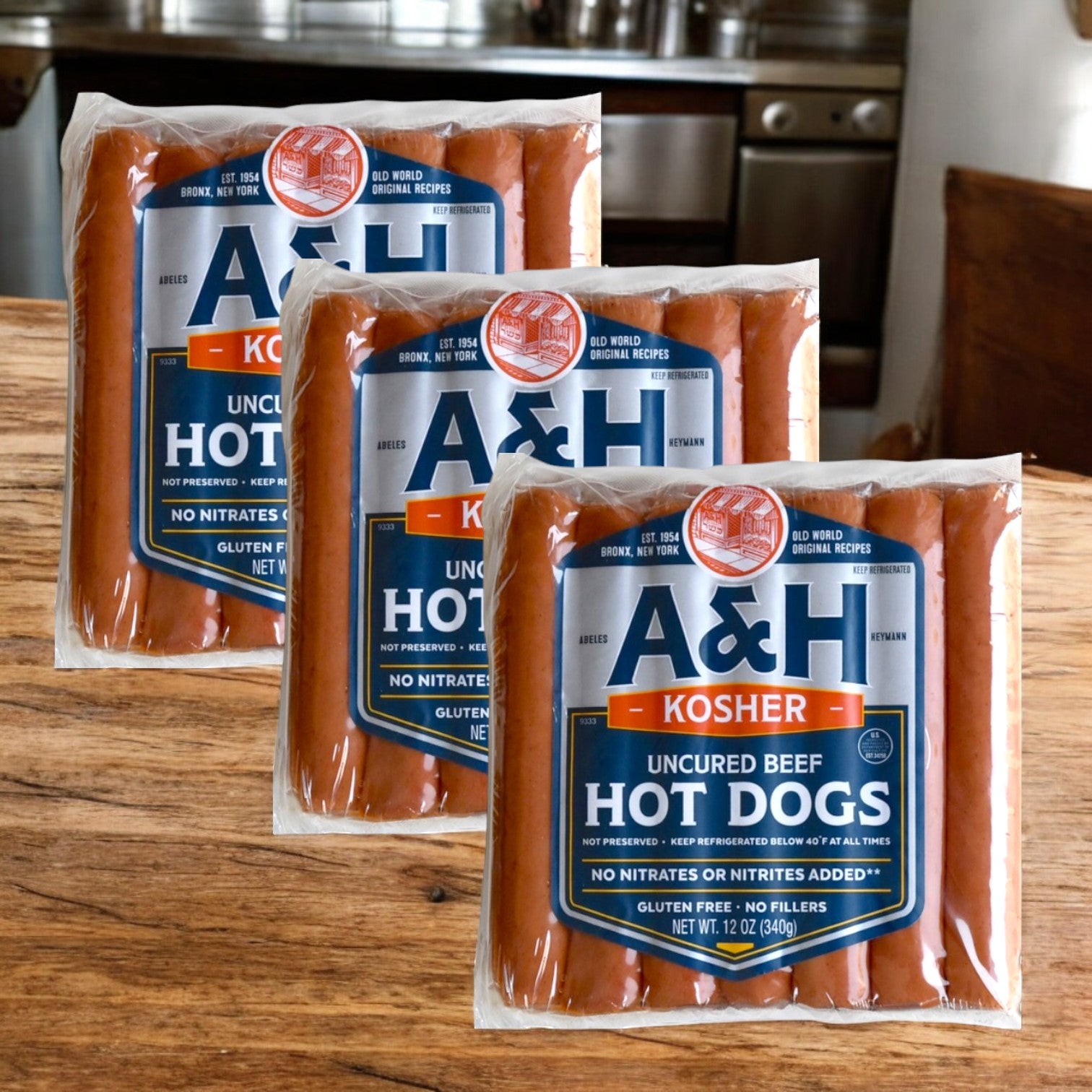 A & H All Beef Kosher Hot Dogs, 14 Oz- 3 Packs
