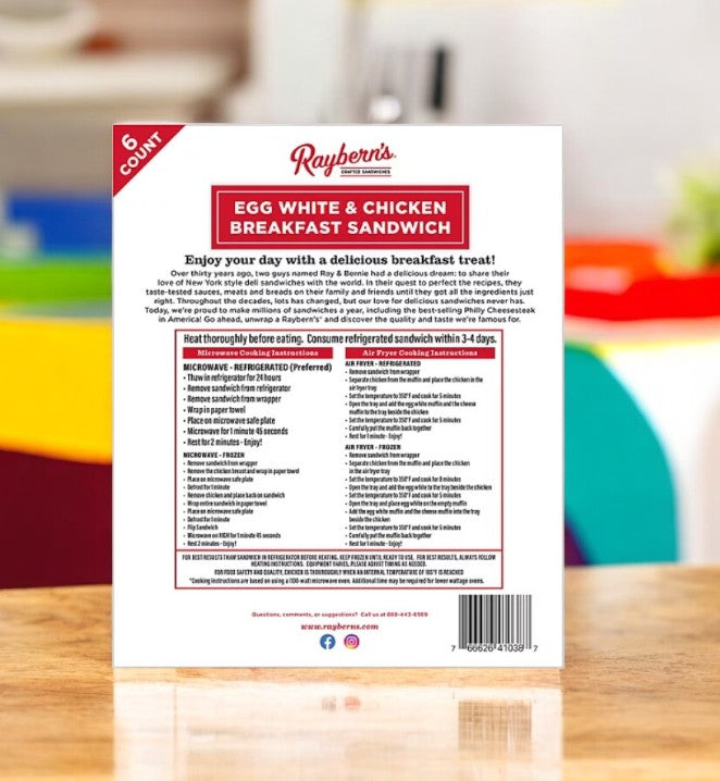 Raybern's Egg White and Chicken Breakfast Sandwich- 3 Packs