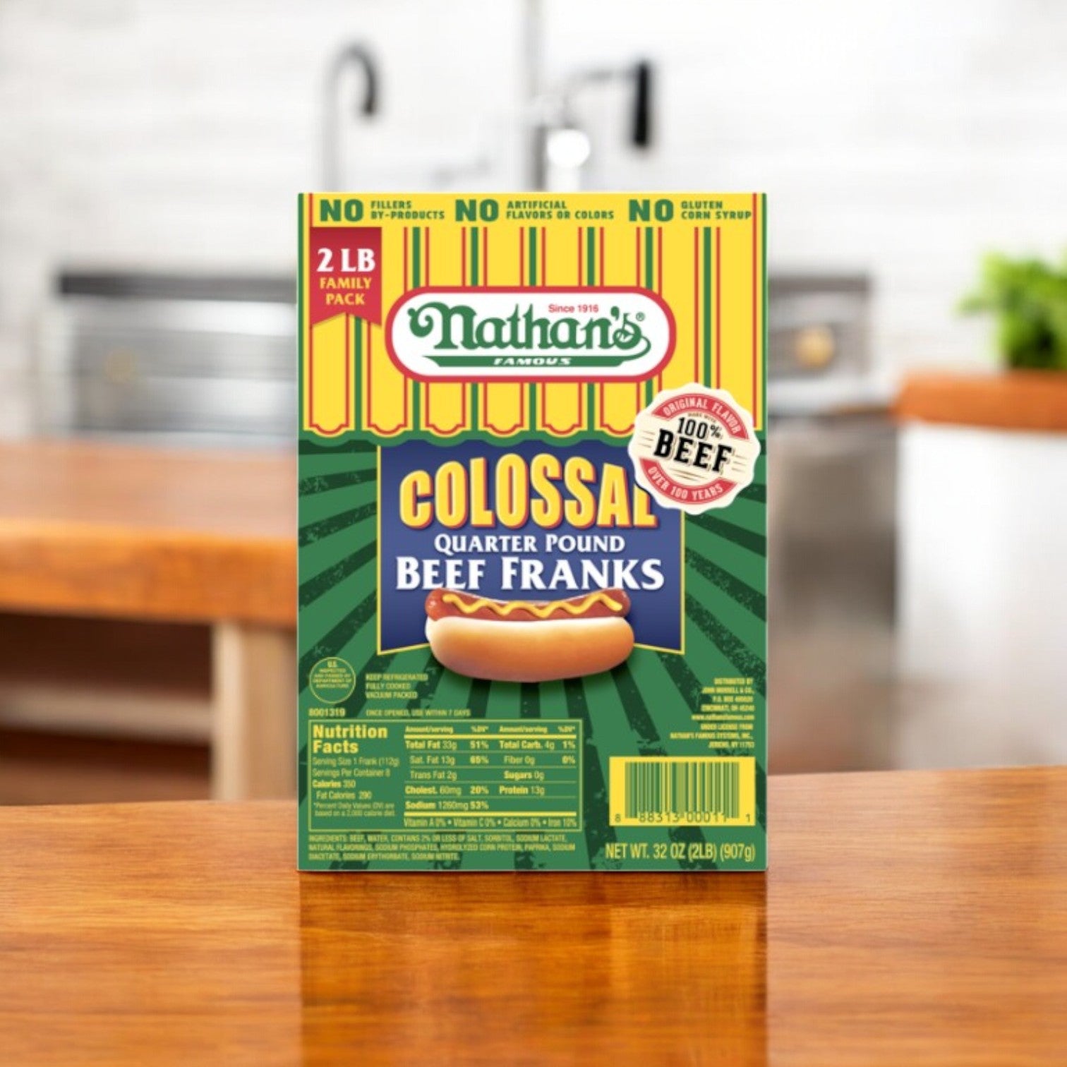 Nathan’s Famous Colossal Beef Franks – 3 Family Packs (32 oz Each), 24 Hot Dogs Total