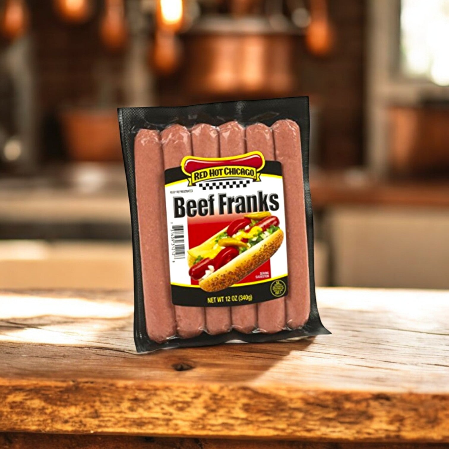 A 12 oz package of Red Hot Chicago Natural Casing Beef Franks is placed on a wooden surface, featuring a tempting image of a Chicago-style hot dog on its label.