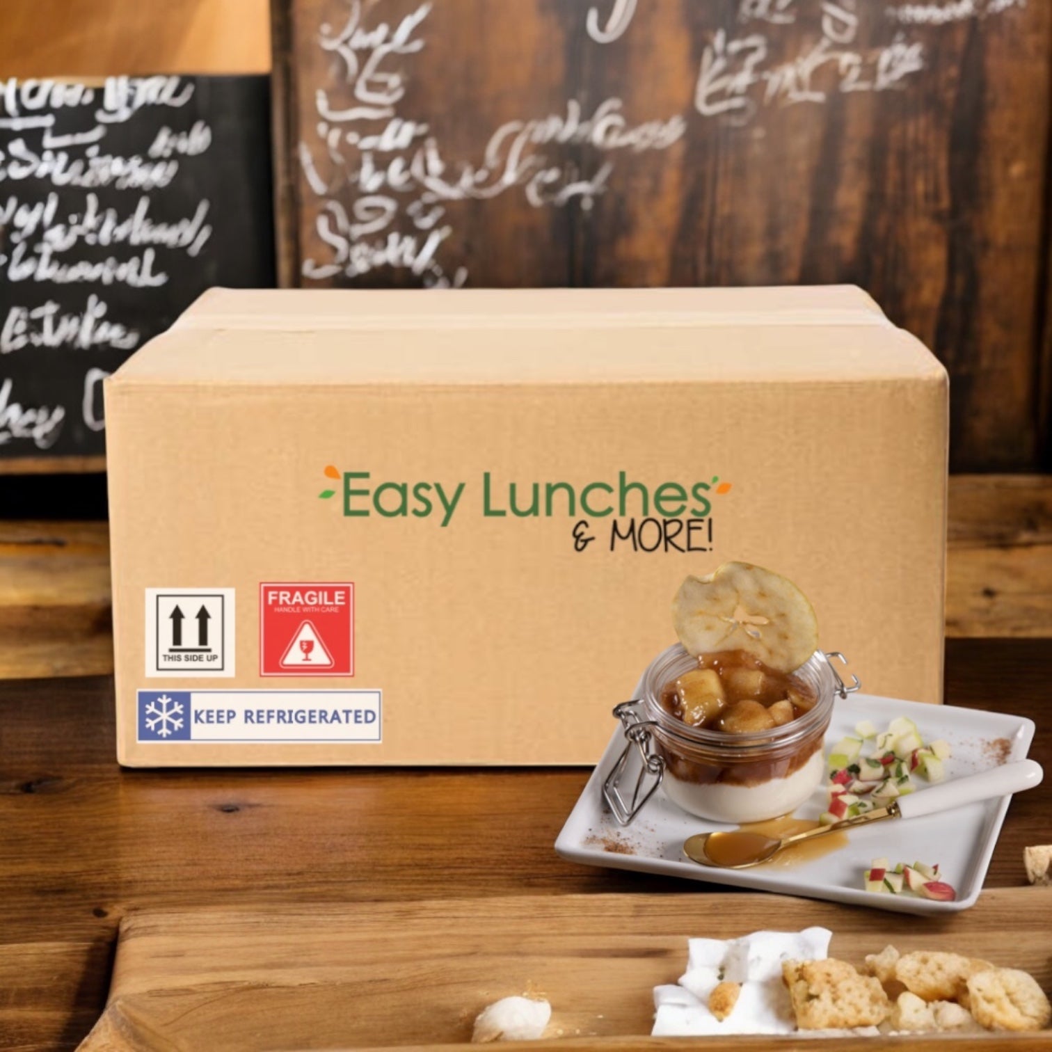 A cardboard box labeled "Easy Lunches & More!" sits on a table next to a plated dessert topped with Sweet Street Scoopable Apple Compote – 3 Bulk Tubs (102 oz Each) and a fresh fruit garnish.
