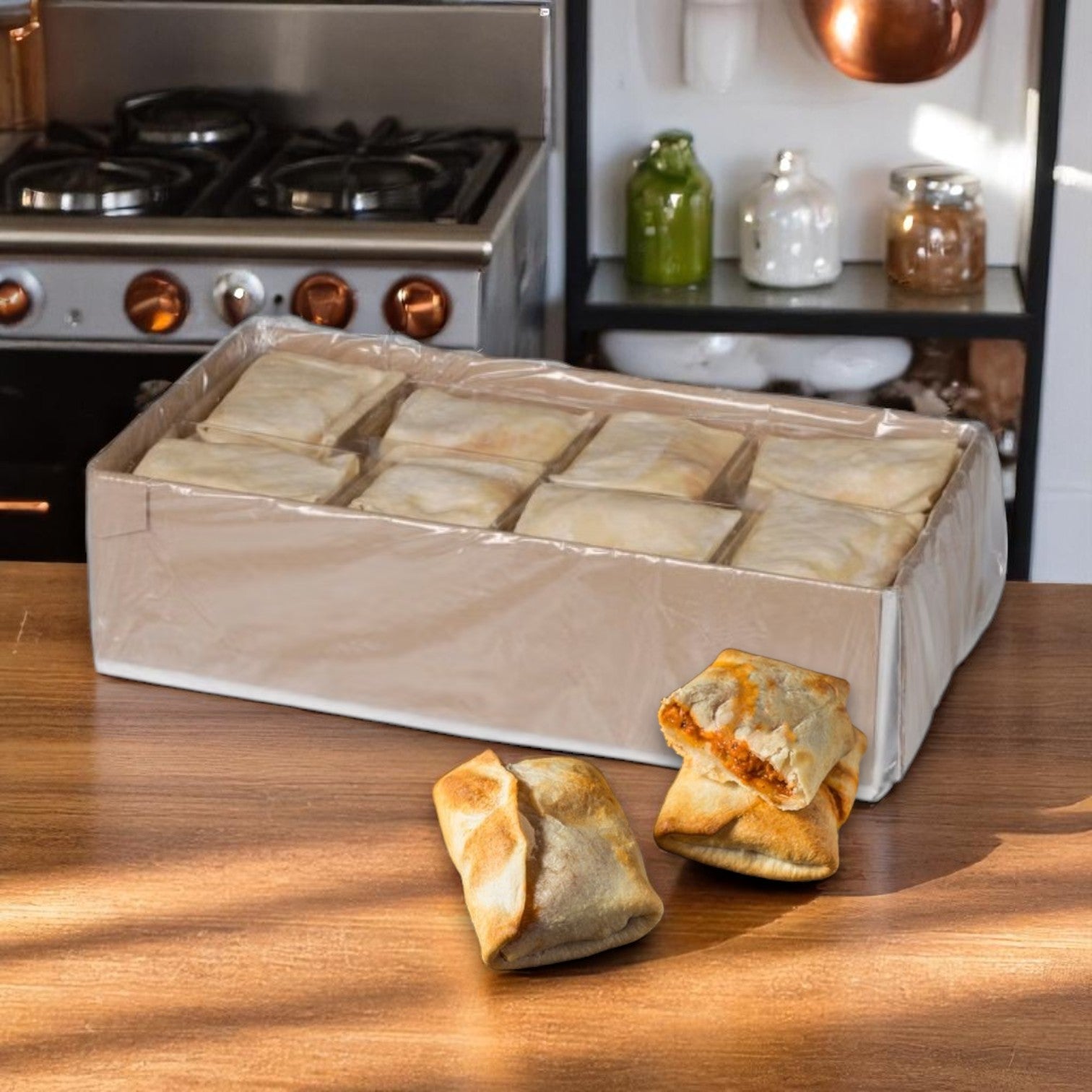 A box of The Original Pizza Puff Iltaco Sausage & Cheese Pizza Puff – 6 oz (48 per Case) sits on a kitchen counter, with two unwrapped puffs in front and a stove with shelves in the background, showcasing this foodservice-ready option.