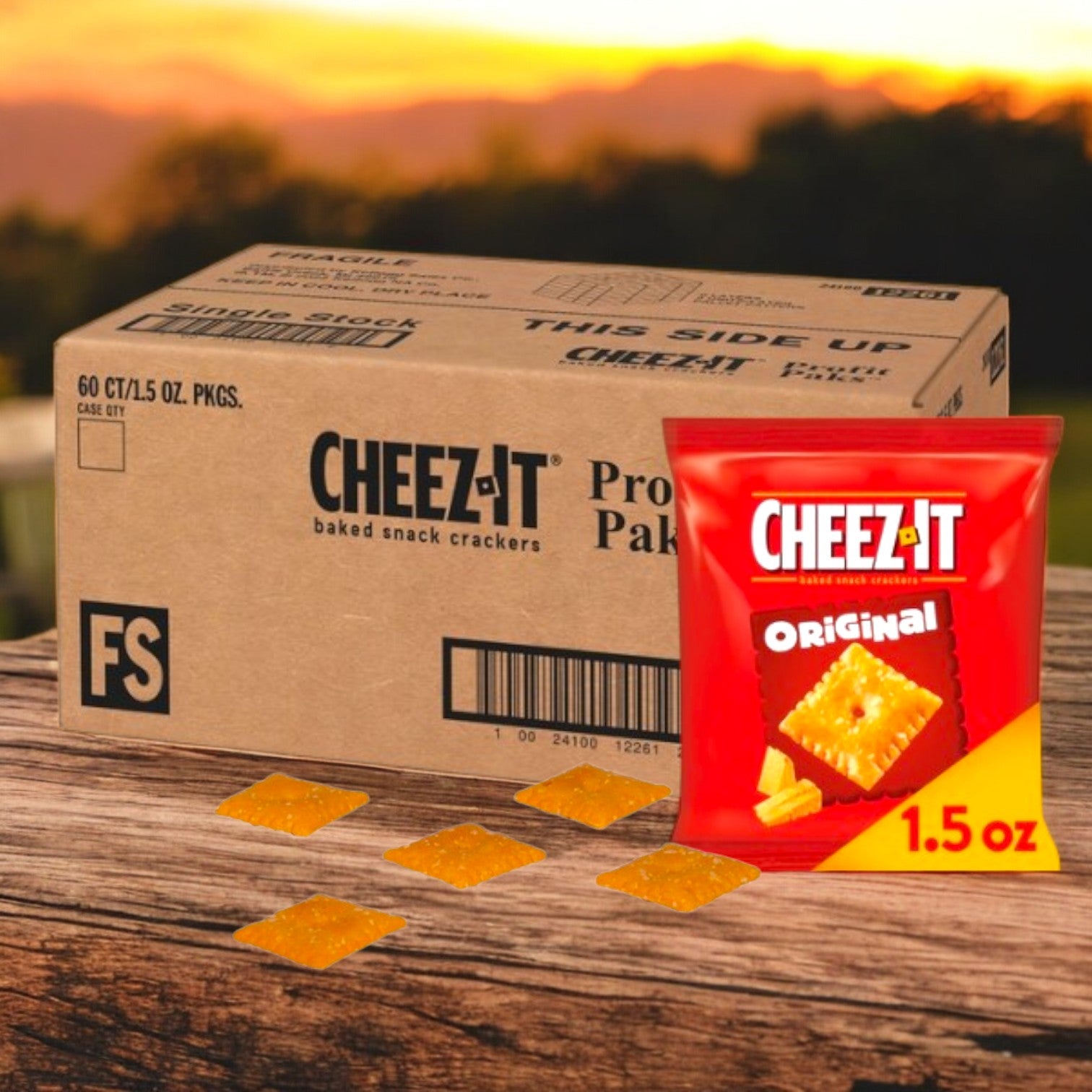 A Keebler Cheez-it Cracker Original Snack 60 Pack (1.5 oz each, 1 case) sits on a wooden surface outdoors at sunset, with several crackers scattered nearby.
