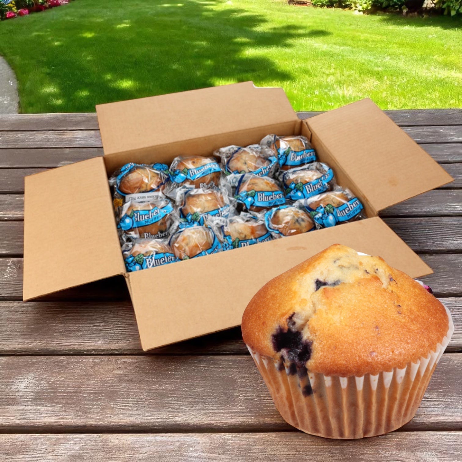 A 24-pack box of Chef Pierre Muffin Blueberry Whole Grain (4 oz) sits on an outdoor wooden table, with one unwrapped muffin in front. Green lawn and flower beds are visible in the background.