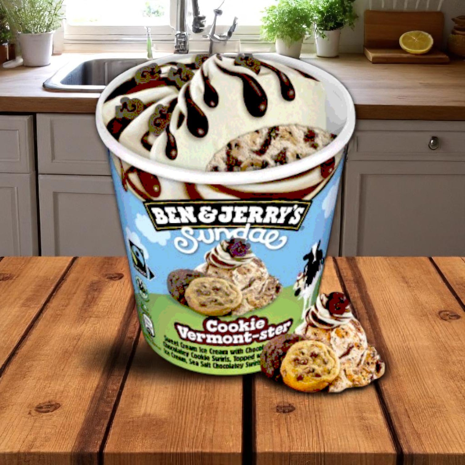A Ben & Jerry's Ice Cream, Cookie Vermont-Ster, Sundae 14.4 FL Oz pint sits on a wooden kitchen counter with the lid off, showing swirled ice cream topped with a rich fudge layer and chocolate sauce.