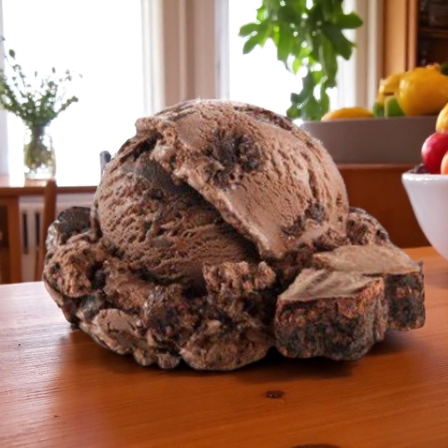 A pint of Easy Lunches Ben & Jerry's Chocolate Fudge Brownie Ice Cream, 16 FL Oz, sits on a wooden table in a kitchen, surrounded by fruit and plants.