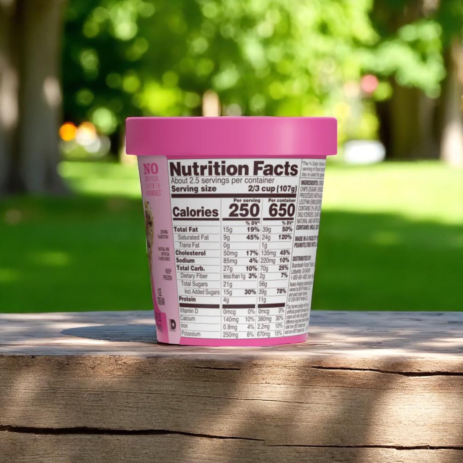 A 14 oz container of Easy Lunches Baskin Robbins Ice Cream Chocolate Chip sits outdoors on a wooden surface with nutrition facts showing, ready to enjoy as a summer treat or paired with your favorite dessert bars.