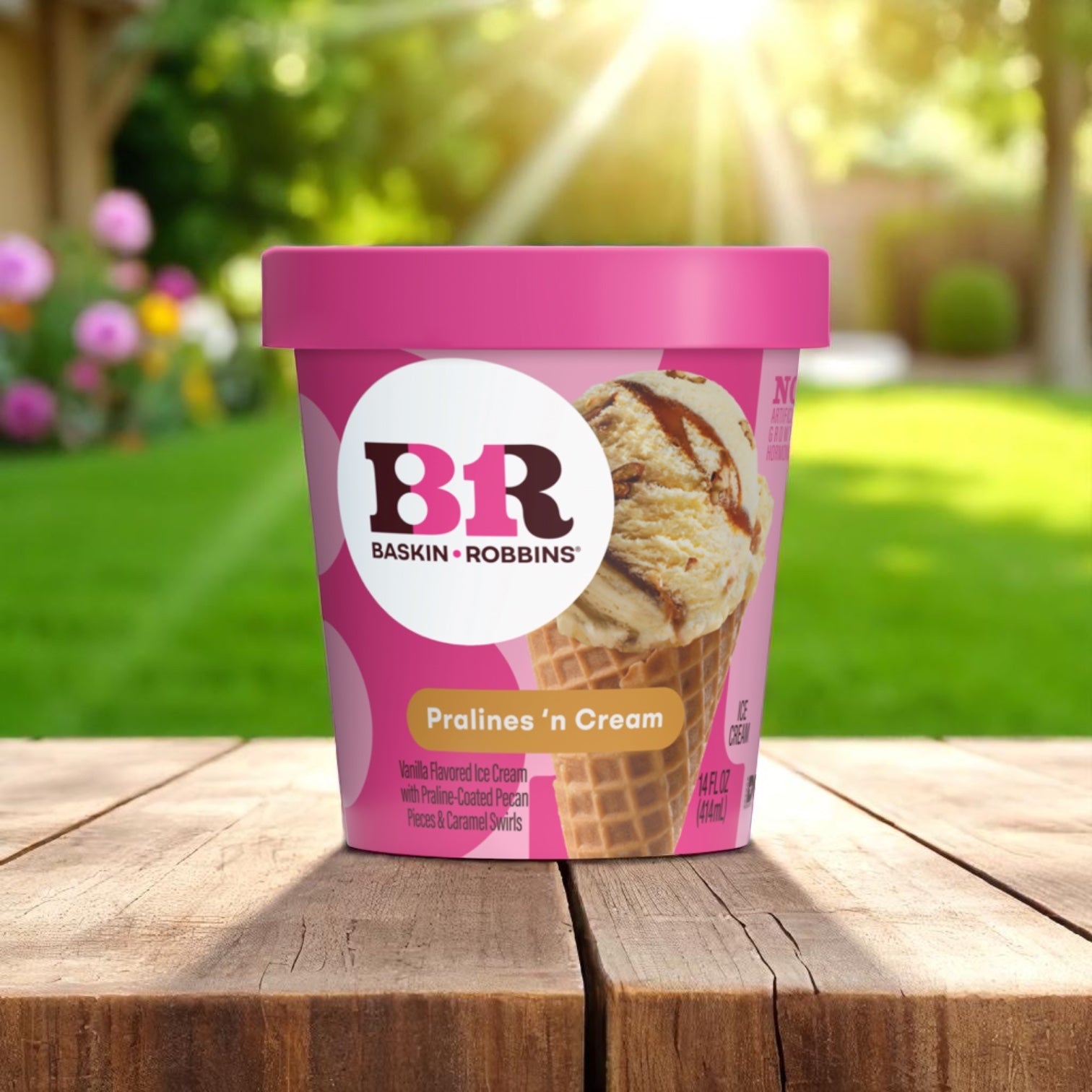 A pack of 6 Easy Lunches Baskin Robbins Pralines 'N Cream 14 oz containers sits outdoors on a wooden surface, featuring vanilla ice cream with praline-coated pecans, sunlight, and a blurred garden in the background.