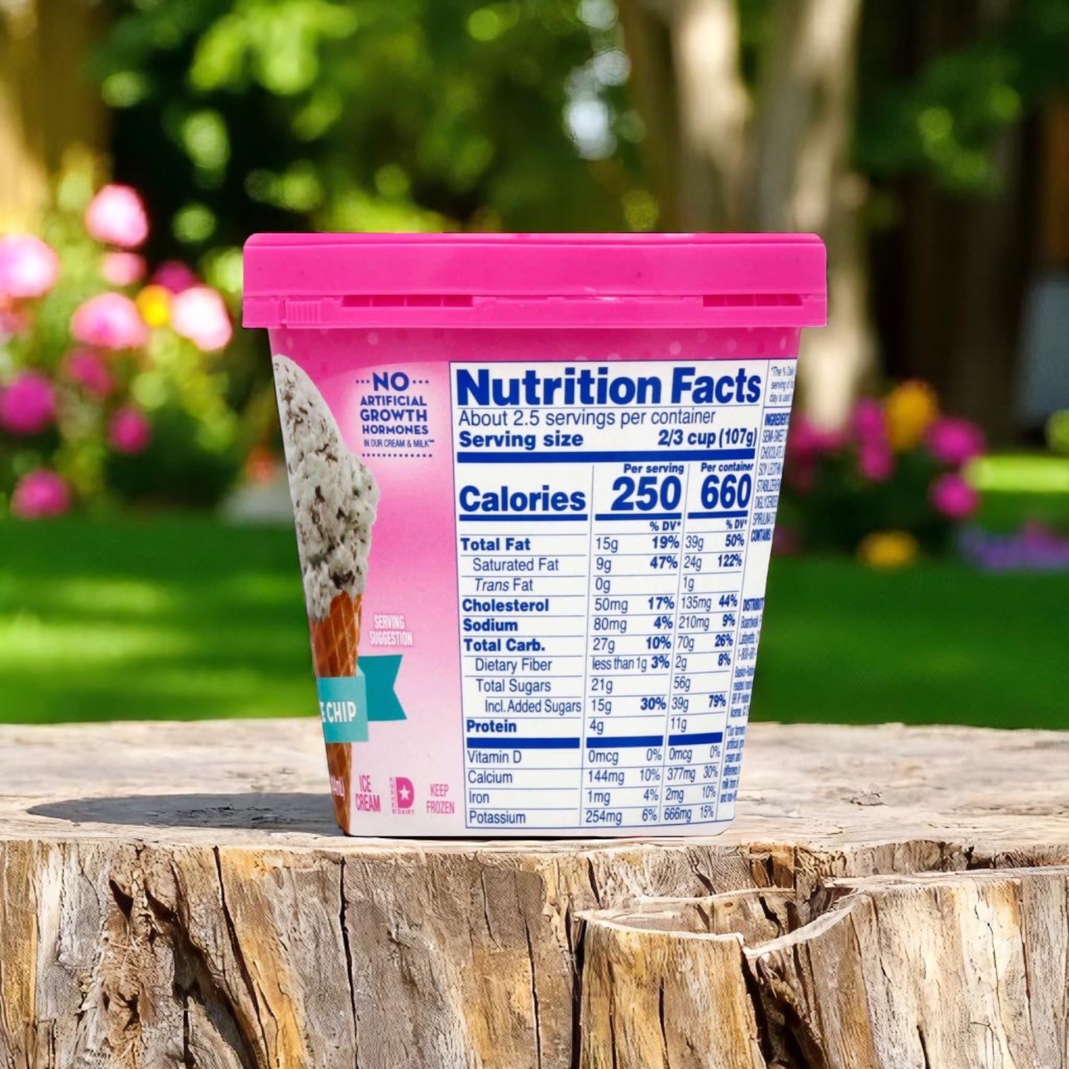 A 14 oz container of Easy Lunches Baskin Robbins Ice Cream Mint Chocolate Chip, featuring a nutrition facts label, sits atop a tree stump amid greenery and flowers, highlighting premium desserts in a natural outdoor setting.