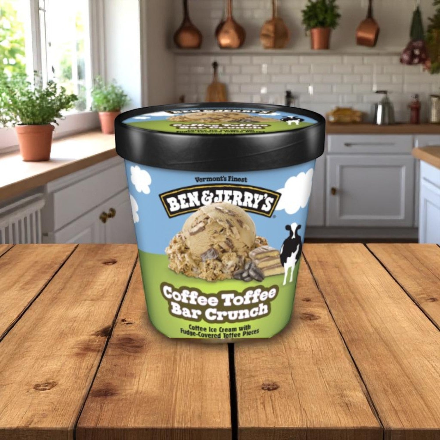 A tub of Ben & Jerry’s Ice Cream Coffee Toffee Bar Crunch (16 oz, 6 cases) sits on a wooden table in a bright kitchen with white cabinets and potted plants.