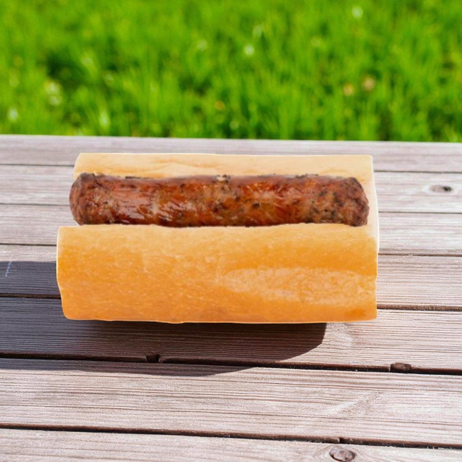 A Buona Italian Sausage – Handcrafted, Mild (19 oz, 1 case) in a plain bun rests on a wooden table outdoors, with grass visible in the background.