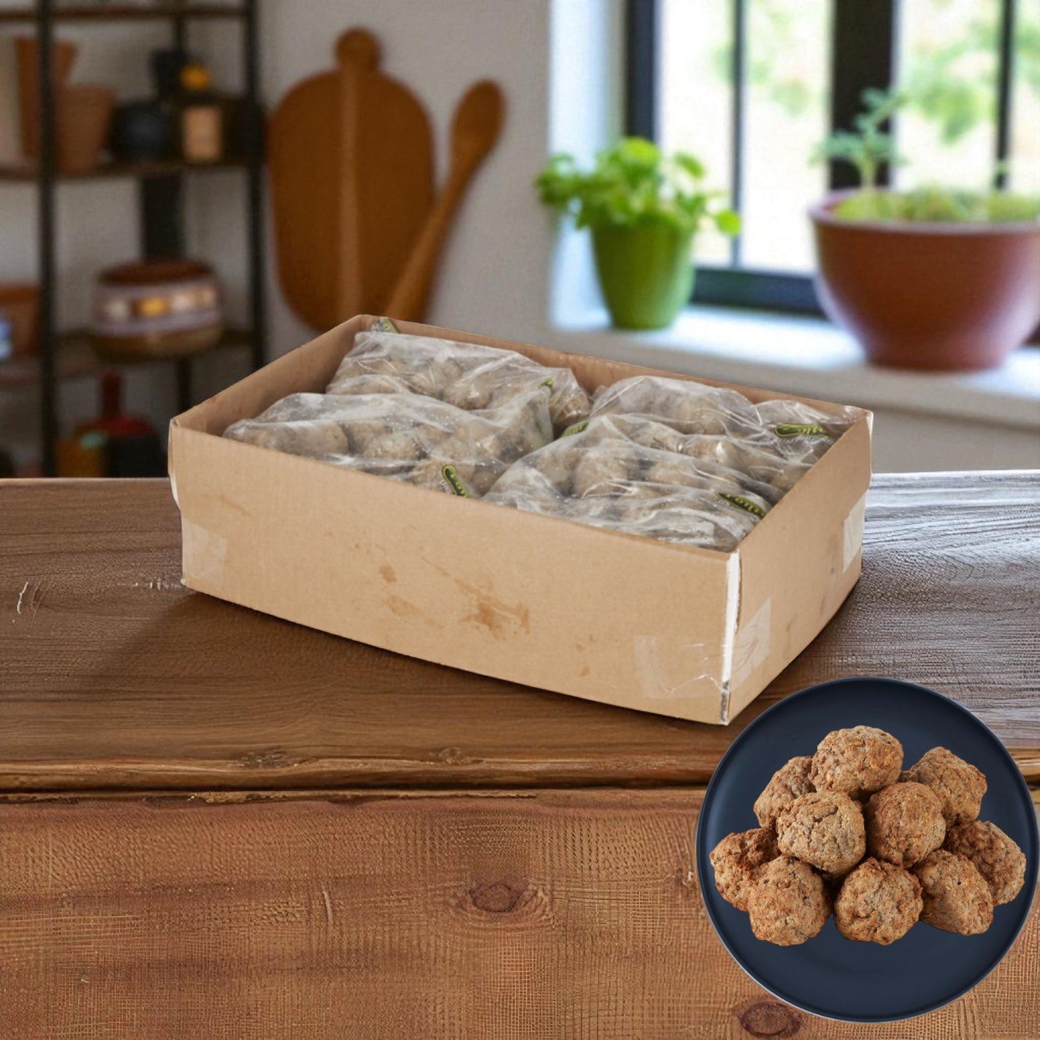 A box of Sysco Fontanini Italian Beef Pork Fully Cooked Meatballs (1 oz, 5 lb, 2 count) on a wooden surface, with a plate of cooked meatballs nearby; kitchen background.