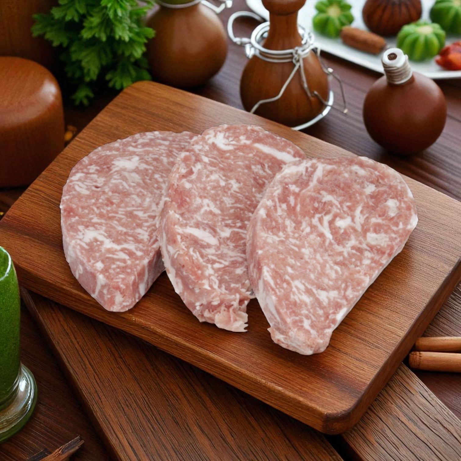 Three marbled Certified Angus Beef Steak Philly Breakaway steaks by Sysco are displayed on a wooden board with kitchen utensils and herbs—ideal for your next meal, from classic dishes to hearty steak Philly sandwiches. (32 count, 5 oz).