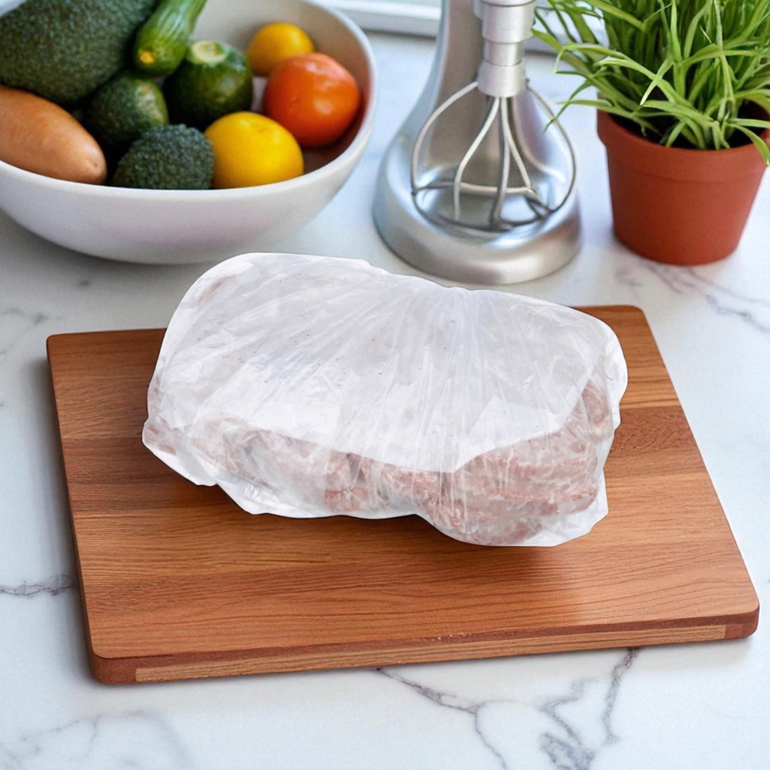 A loaf of bread in a plastic bag sits on a wooden cutting board, with Sysco Beef Steak Philly Certified Angus Beef Breakaway 32 Count 5 oz, a bowl of vegetables, a mixer, and a potted plant in the background.