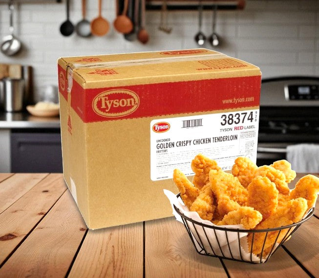 A cardboard box labeled "Easy Lunches Tyson Red Label Golden Crispy Chicken Tenderloins, Uncooked, 10 lbs-1 Case" sits on a kitchen counter beside a basket of cooked chicken tenders.