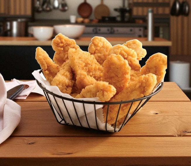 A metal basket with white paper holds Easy Lunches Tyson Red Label Golden Crispy Chicken Tenderloins (uncooked, 10 lbs, 1 case) on a wooden table in a kitchen setting.